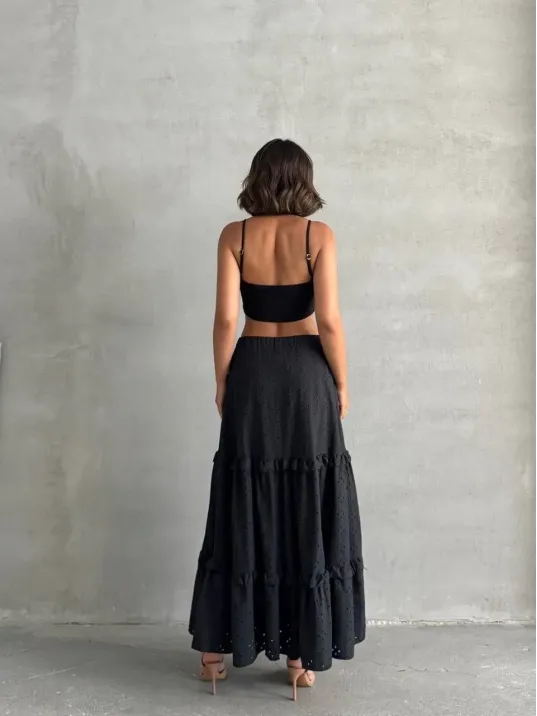 Fırfırlı Brodeli Astarlı Uzun Etek Siyah S255047
