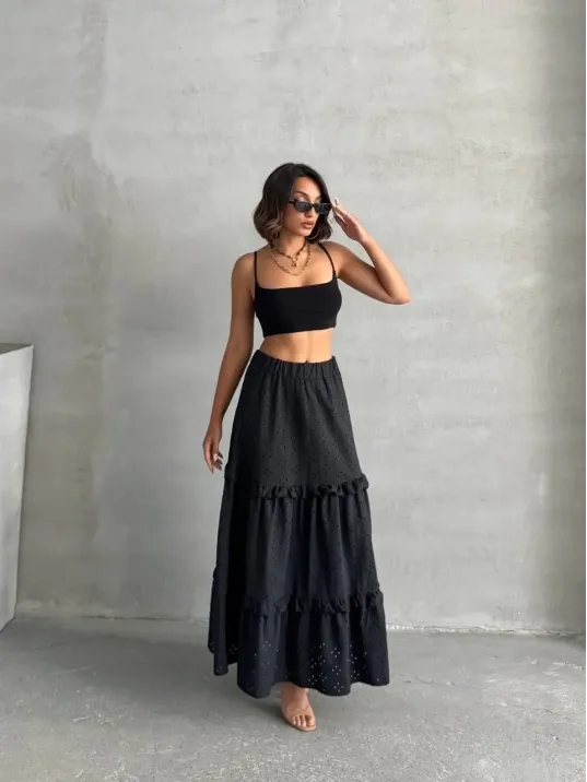 Fırfırlı Brodeli Astarlı Uzun Etek Siyah S255047