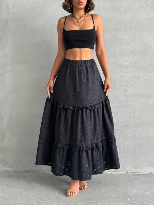 Fırfırlı brodeli astarlı uzun etek siyah s255047 Fırfırlı brodeli astarlı uzun etek siyah s255047