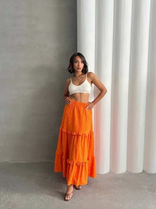 Fırfırlı Brodeli Astarlı Uzun Etek Turuncu S255047