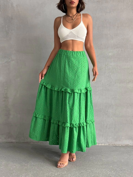 Fırfırlı brodeli astarlı uzun etek yeşil s255047 Fırfırlı brodeli astarlı uzun etek yeşil s255047
