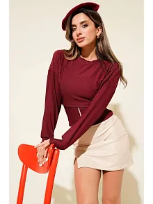 Fitilli Bisiklet Yaka İkili Bluz Bordo T4341