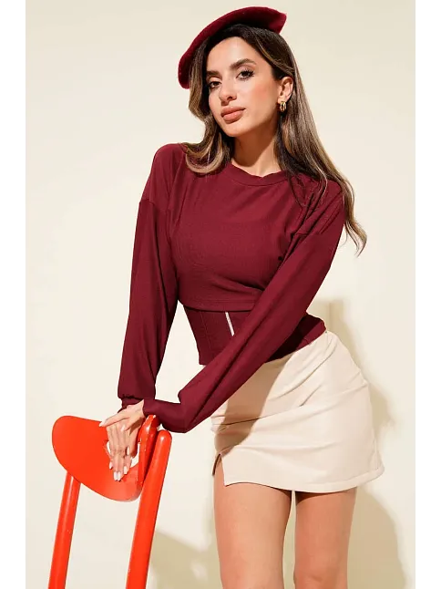 Fitilli Bisiklet Yaka İkili Bluz Bordo T4341