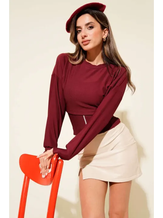 Fitilli Bisiklet Yaka İkili Bluz Bordo T4341 Fitilli Bisiklet Yaka İkili Bluz Bordo T4341