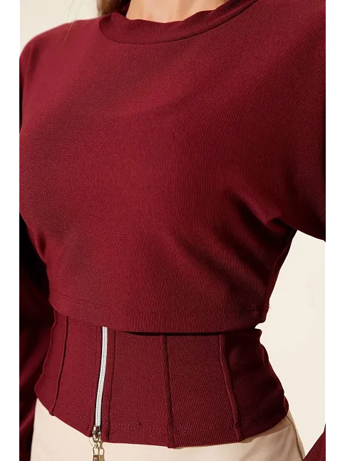 Fitilli Bisiklet Yaka İkili Bluz Bordo T4341