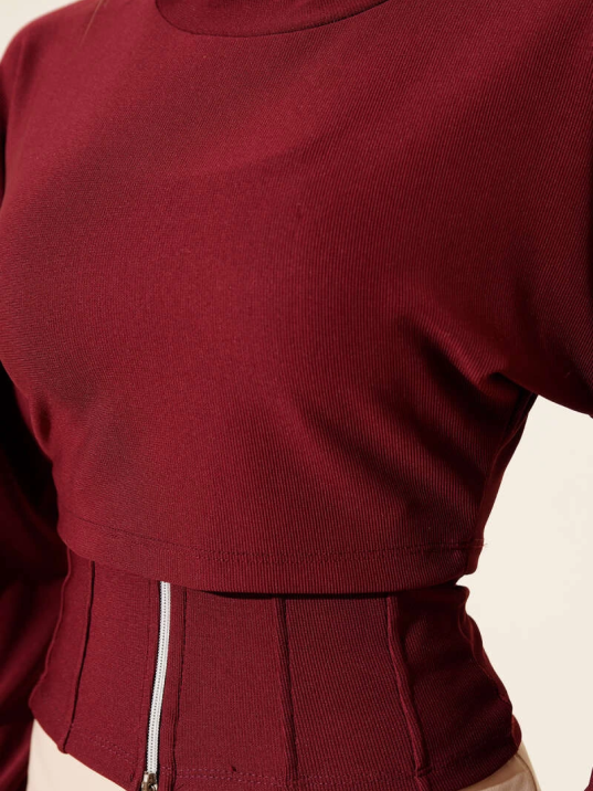 Fitilli Bisiklet Yaka İkili Bluz bordo T4341