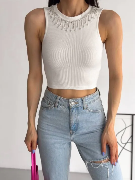 Fitilli Kaşkorse Yakası Zincirli Atlet Beyaz