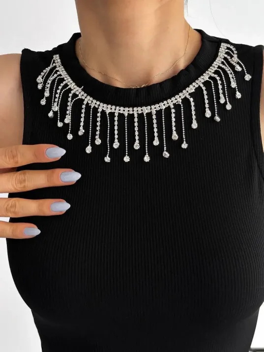 Fitilli Kaşkorse Yakası Zincirli Atlet Siyah