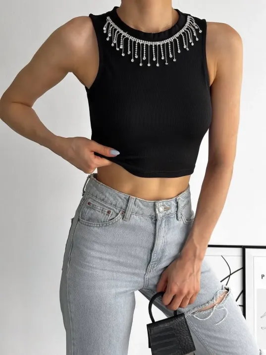 Fitilli Kaşkorse Yakası Zincirli Atlet Siyah