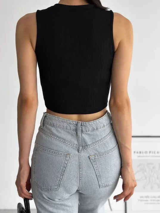 Fitilli Kaşkorse Yakası Zincirli Atlet Siyah