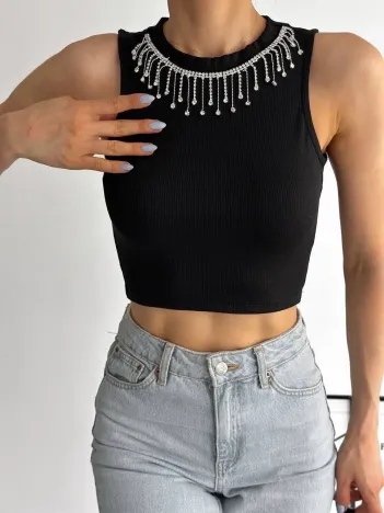 Fitilli Kaşkorse Yakası Zincirli Atlet Siyah