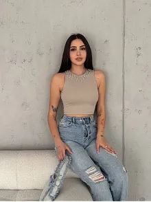 Fitilli Kaşkorse Yakası Zincirli Atlet Vizon