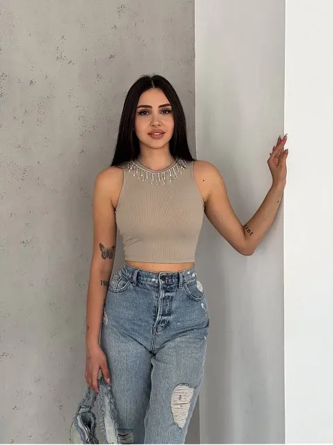 Fitilli Kaşkorse Yakası Zincirli Atlet Vizon