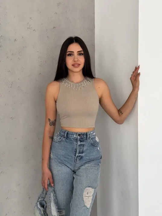 Fitilli Kaşkorse Yakası Zincirli Atlet Vizon