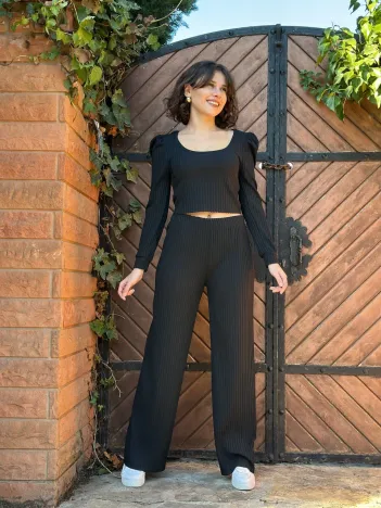 Fitilli Prenses Kol Alt Üst Takım Siyah