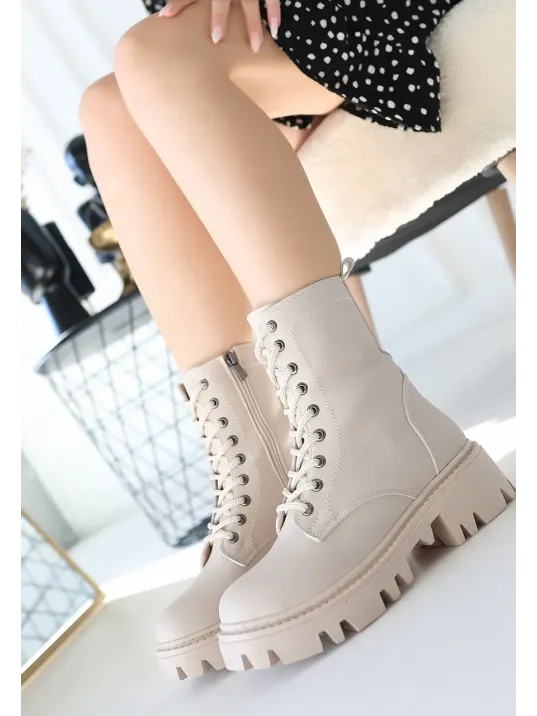 Flona Bej Cilt Bağcıklı Bot Flona Bej Cilt Bağcıklı Bot