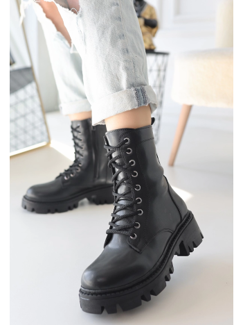 Flona Siyah Cilt Bağcıklı Bot Flona Siyah Cilt Bağcıklı Bot