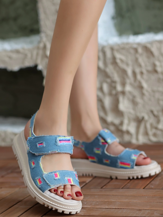 Foin Mavi Kot Cırt Cırtlı Sandalet Foin Mavi Kot Cırt Cırtlı Sandalet