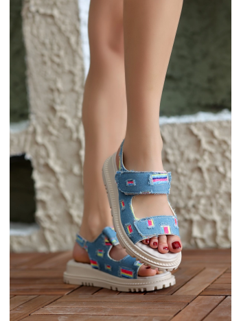 Foin Mavi Kot Cırt Cırtlı Sandalet