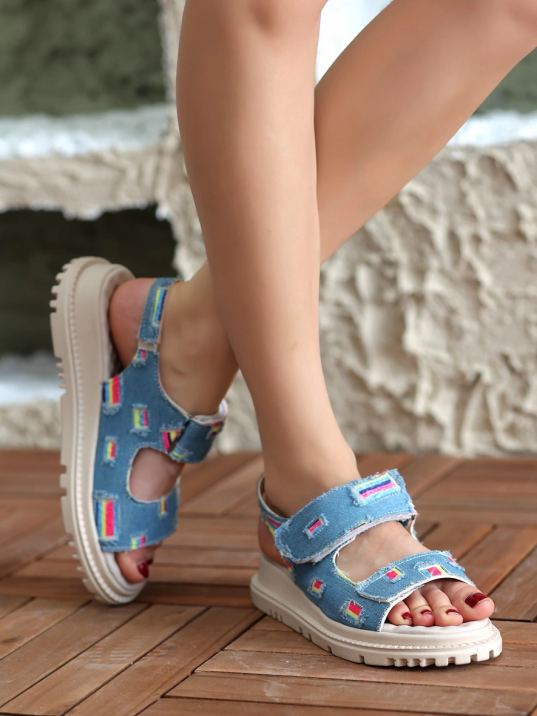 Foin Mavi Kot Cırt Cırtlı Sandalet Foin Mavi Kot Cırt Cırtlı Sandalet