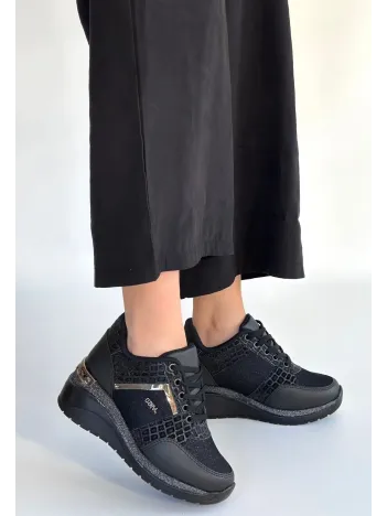 Geja Siyah Cilt Bağcıklı Spor Ayakkabı