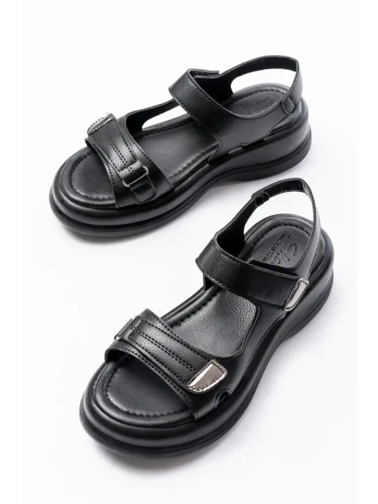 Ginya Siyah Cilt Cırt Cırtlı Sandalet Ginya Siyah Cilt Cırt Cırtlı Sandalet