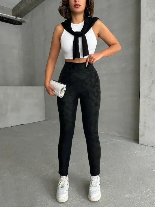 Gizli Yan Fermuarlı Bulut Desenli Tayt Siyah H248638