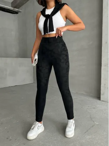 Gizli Yan Fermuarlı Bulut Desenli Tayt Siyah H248638