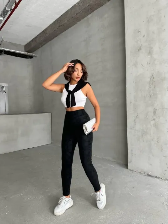 Gizli Yan Fermuarlı Bulut Desenli Tayt Siyah H248638