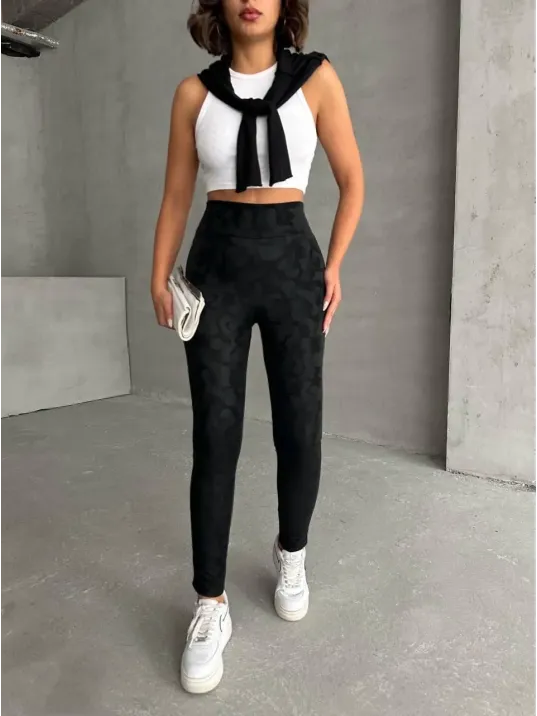 Gizli Yan Fermuarlı Bulut Desenli Tayt Siyah H248638