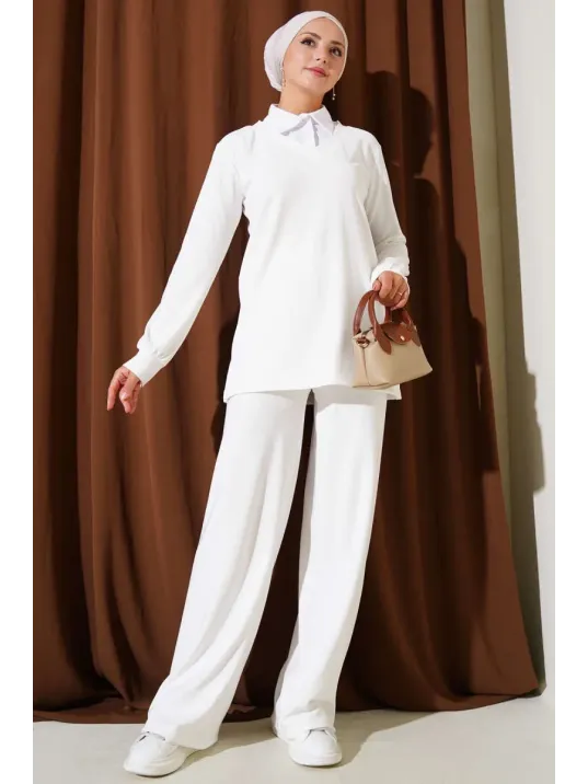 Gömlek Yaka Fitilli Salaş İkili Takım Beyaz T4300