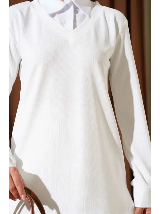 Gömlek Yaka Fitilli Salaş İkili Takım Beyaz T4300