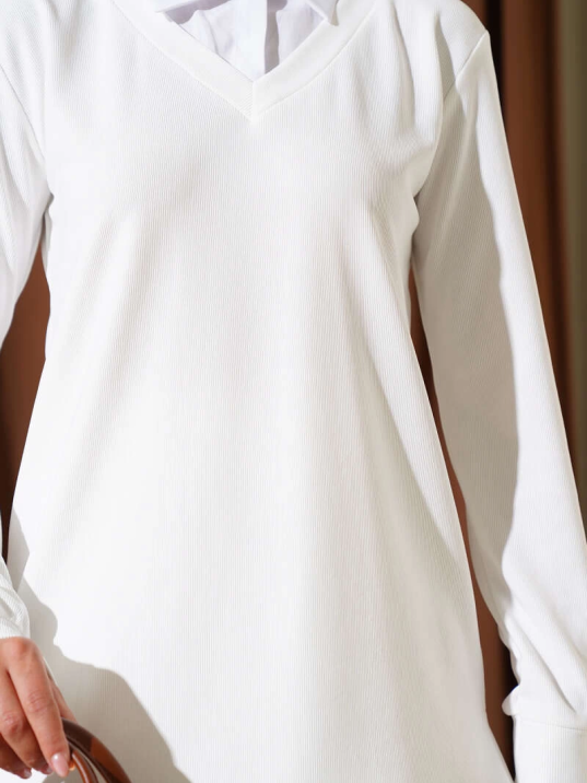 Gömlek Yaka Fitilli Salaş İkili Takım beyaz T4300