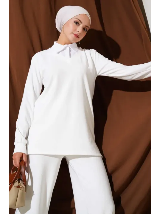 Gömlek Yaka Fitilli Salaş İkili Takım Beyaz T4300