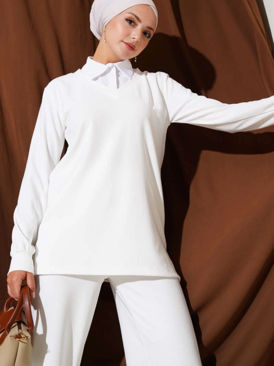 Gömlek Yaka Fitilli Salaş İkili Takım beyaz T4300