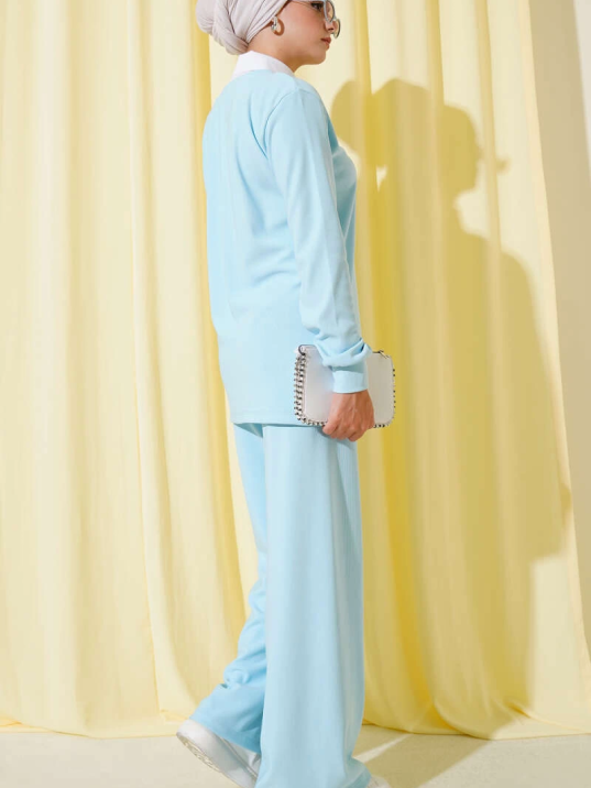 Gömlek Yaka Fitilli Salaş İkili Takım Buz Mavisi T4300