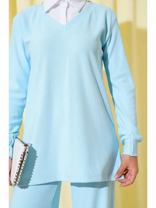 Gömlek Yaka Fitilli Salaş İkili Takım Buz Mavisi T4300