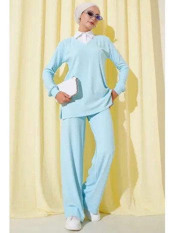 Gömlek Yaka Fitilli Salaş İkili Takım Buz Mavisi T4300