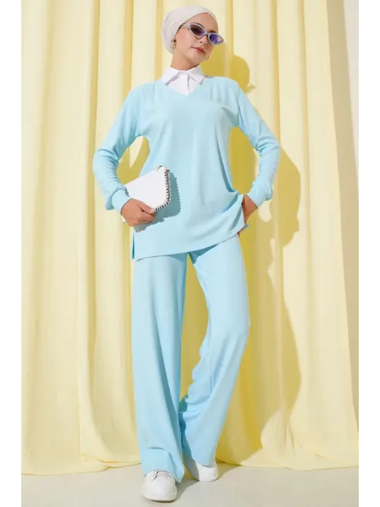 Gömlek Yaka Fitilli Salaş İkili Takım Buz Mavisi T4300