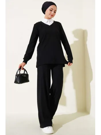 Gömlek Yaka Fitilli Salaş İkili Takım Siyah T4300