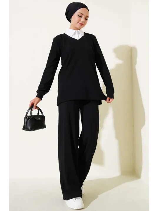 Gömlek Yaka Fitilli Salaş İkili Takım Siyah T4300