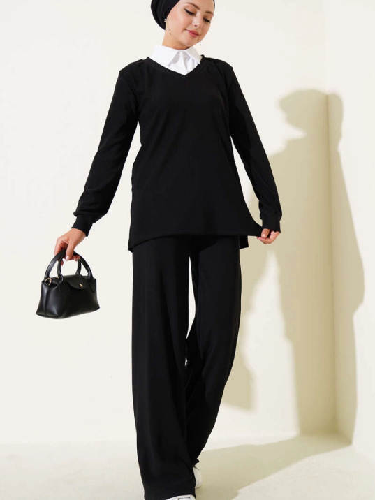 Gömlek Yaka Fitilli Salaş İkili Takım siyah T4300 Gömlek Yaka Fitilli Salaş İkili Takım siyah T4300