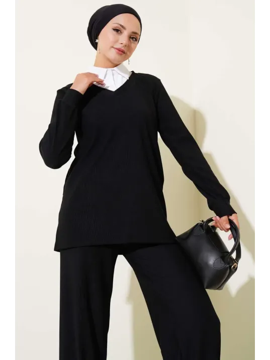 Gömlek Yaka Fitilli Salaş İkili Takım Siyah T4300
