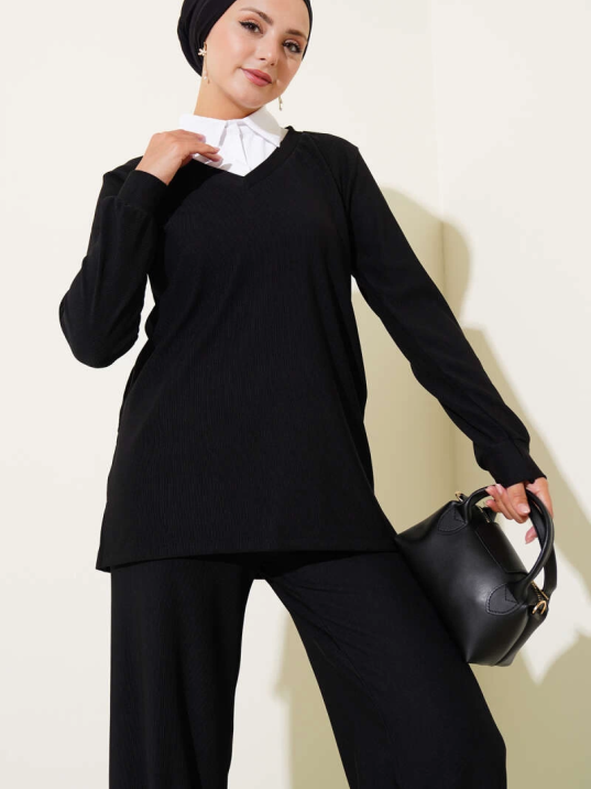 Gömlek Yaka Fitilli Salaş İkili Takım siyah T4300 Gömlek Yaka Fitilli Salaş İkili Takım siyah T4300