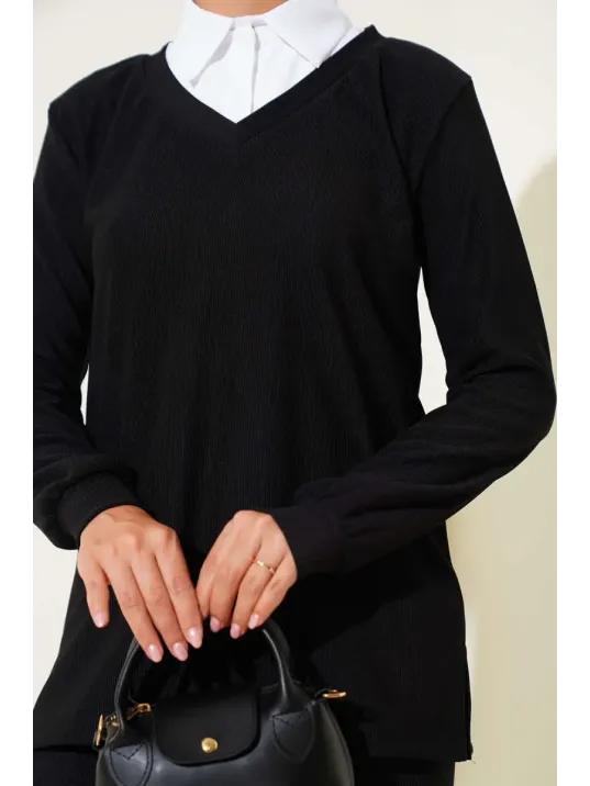 Gömlek Yaka Fitilli Salaş İkili Takım Siyah T4300