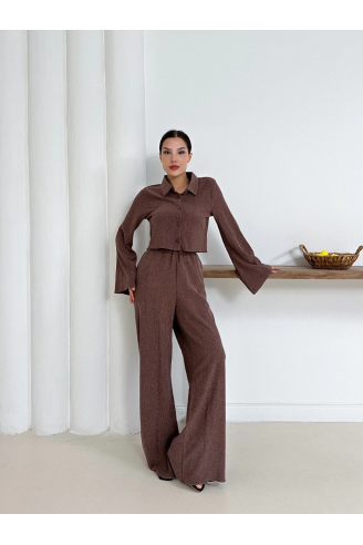Gömlek yaka kaplama düğmeli takım kahve st265866