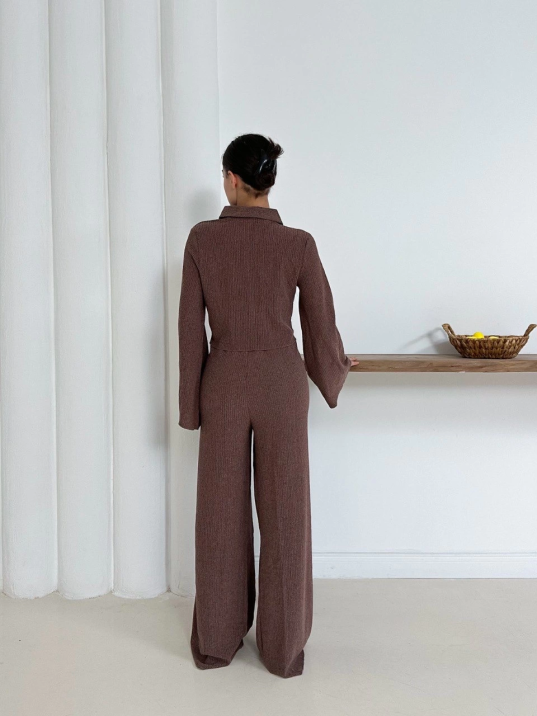 Gömlek yaka kaplama düğmeli takım kahve st265866