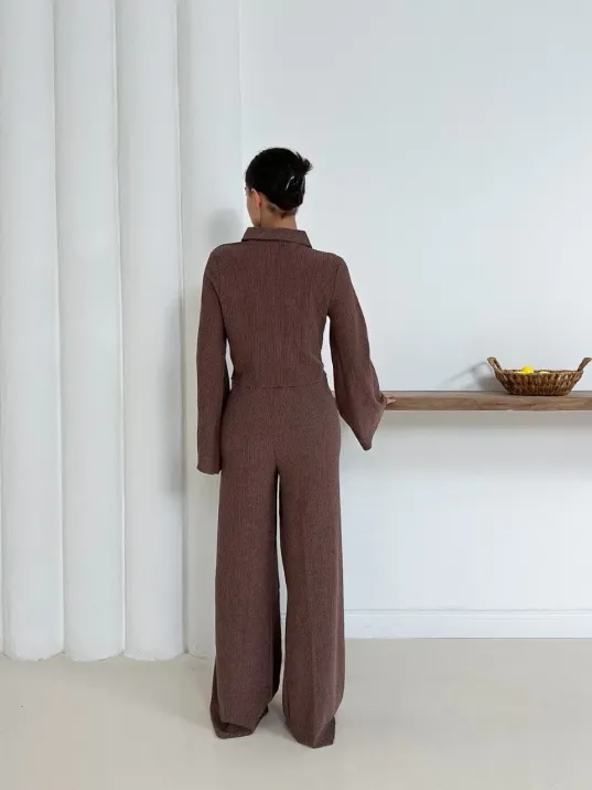 Gömlek Yaka Kaplama Düğmeli Takım Kahve St265866