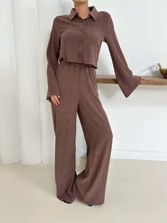 Gömlek Yaka Kaplama Düğmeli Takım Kahve St265866