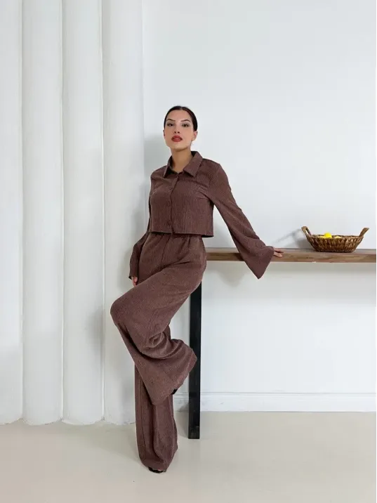 Gömlek Yaka Kaplama Düğmeli Takım Kahve St265866